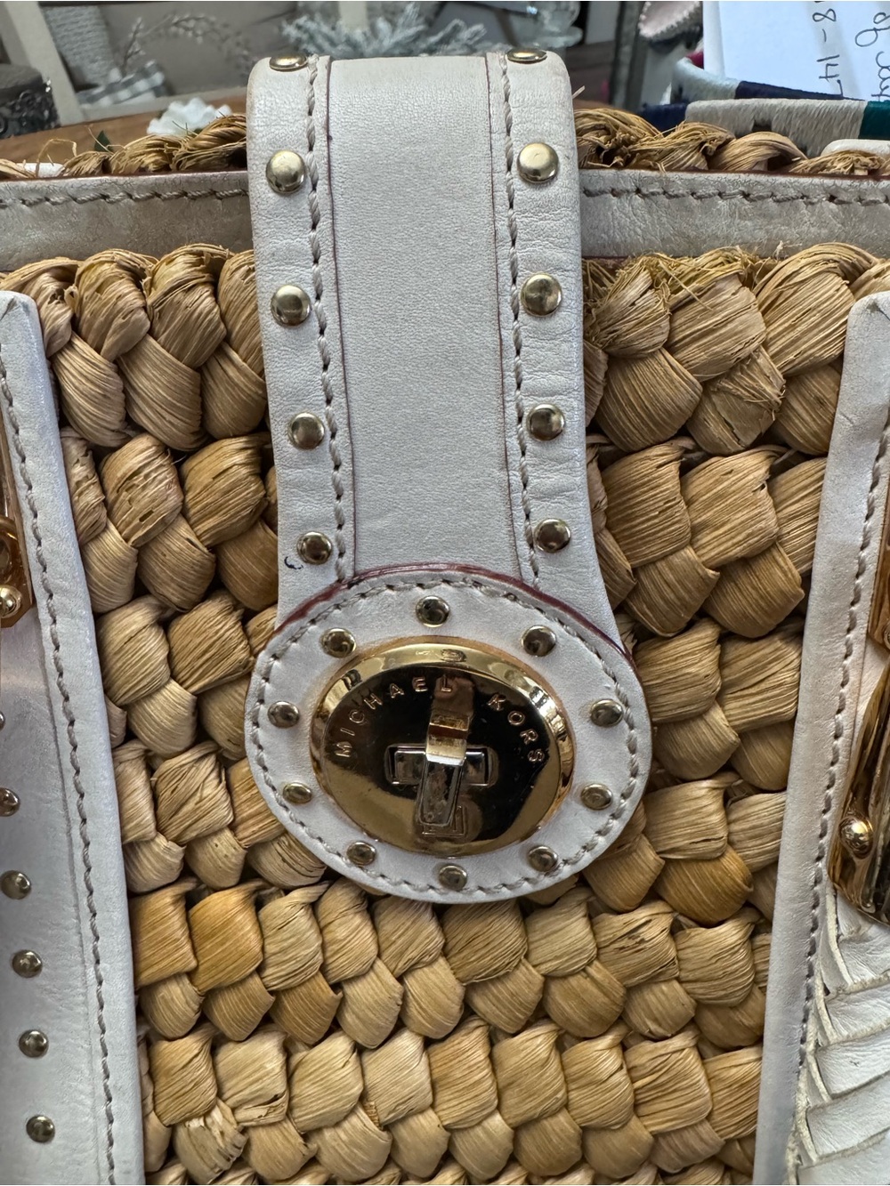Women’s Michael Kors Santorini Straw Tote With Gold Studs - Picture 5 of 12